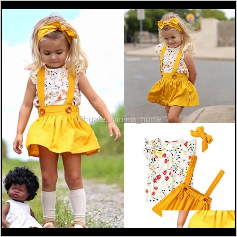 Baby Baby Maternity Drop Delivery 2021 Clothing Sets Petal Sleeve Floral Printed Strap Dress Kids Desinger Clothes Girls Threepiece Suit Bow