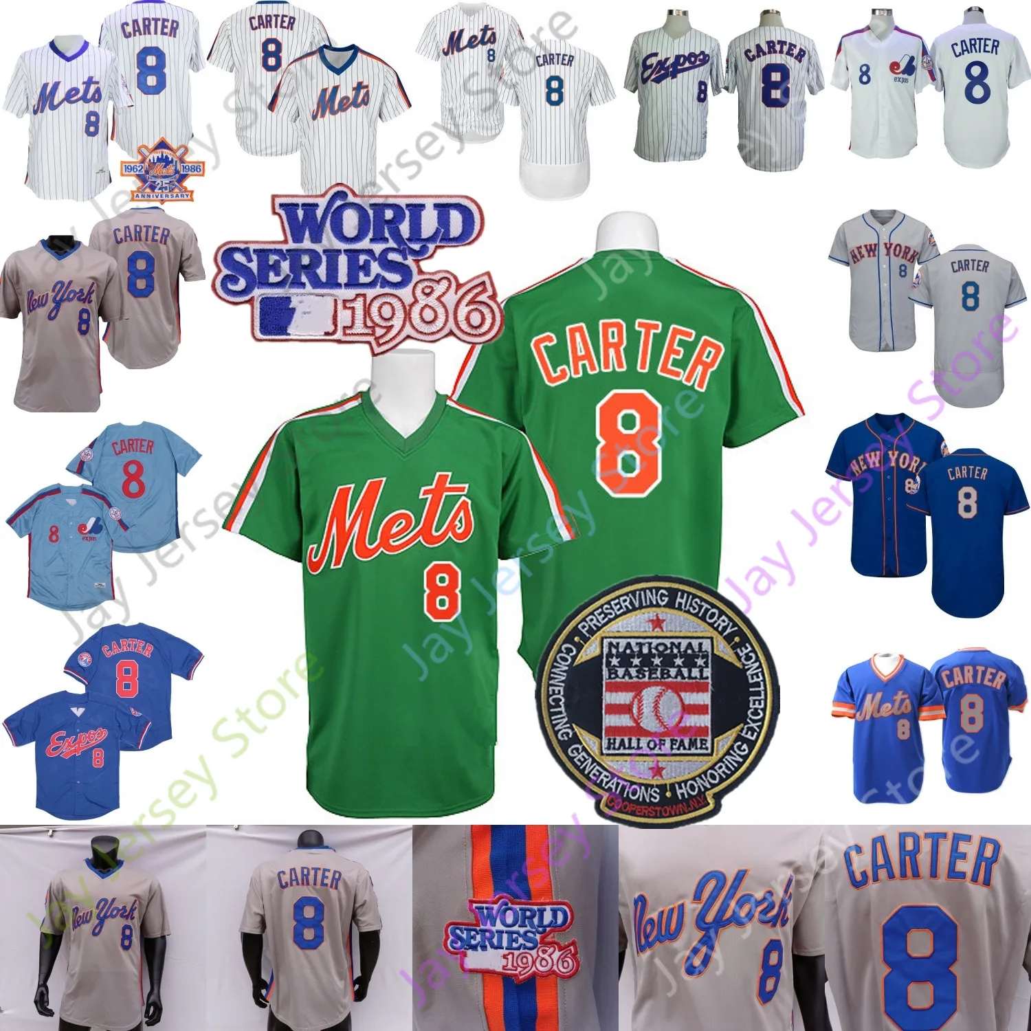 Montreal Expos Jersey Gary Carter Parche del Salón de la Fama 1982 Saludo azul al servicio Gris Naranja Verde Blanco Expos Mesh Pinstripe Player Fans