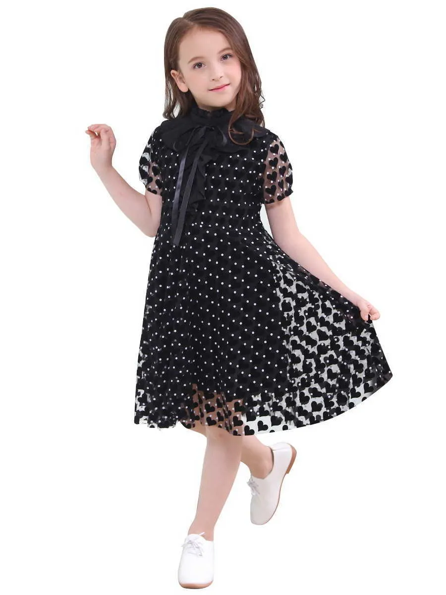 Detaliczna czarna biała miłość serce księżniczka dziewczyny sukienki dzieci lato dziewczyna siatka z krótkim rękawem sukienka ubrania dla dzieci A258 210610