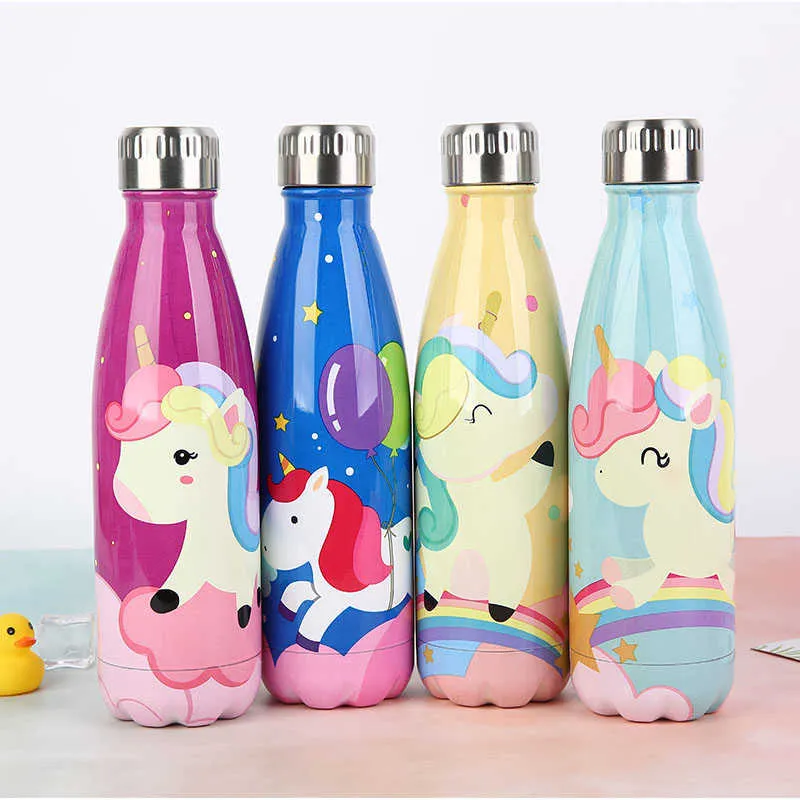 Custom Cartoon Unicorn Leuke Waterfles Thermosfles Roestvrij staal Houd Koud Cola Sport Drinkfles voor Reizen 211013