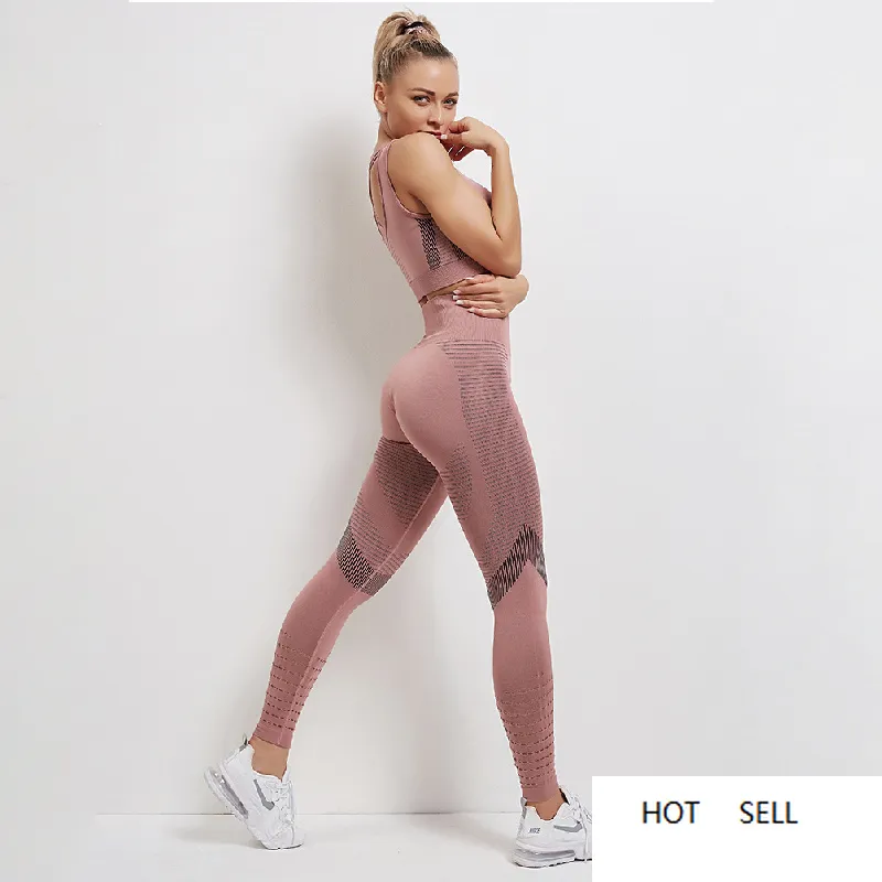 2 Piece Women Sportswear Seamless Yoga Set Sports Fitness Elastic Vest Bra High Waist Leggings Yoga Pants Gym
