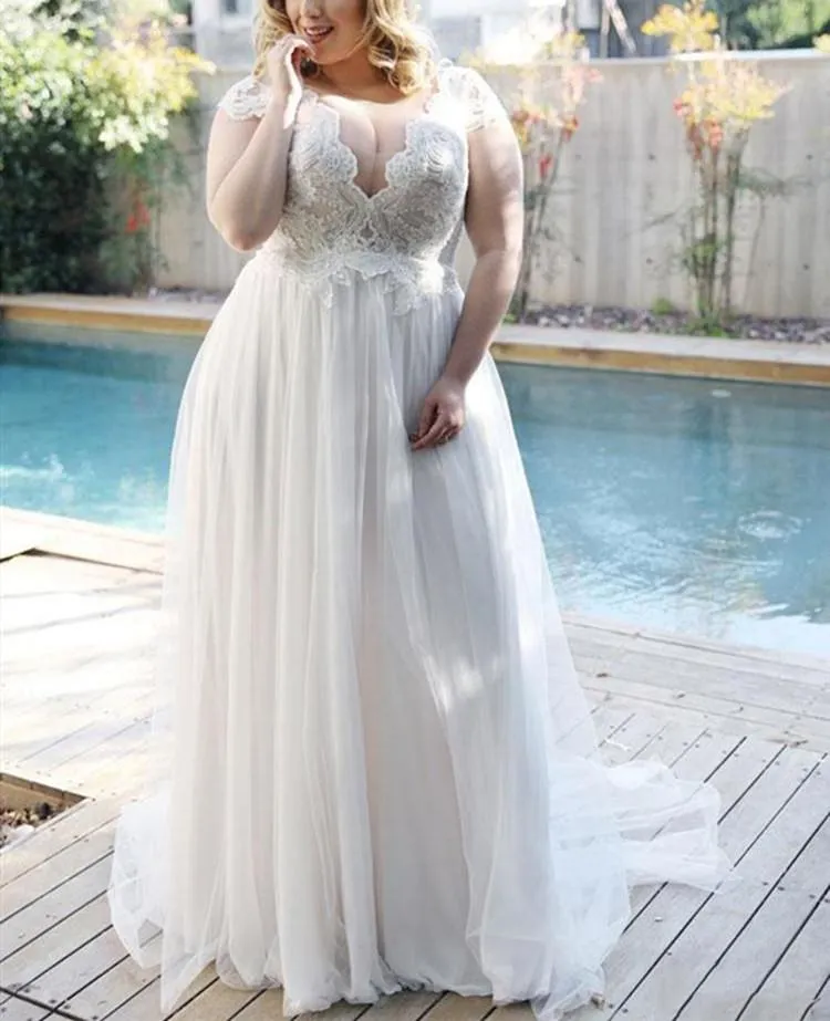 Customizable 2021 Plus Size Beach Wedding Dress With Capped Sleeves Lace Applique Beading Scalloped Illusion And Sweep Train Vestidos De Novia 401 401 From Babyonline 148.91 DHgate.Com