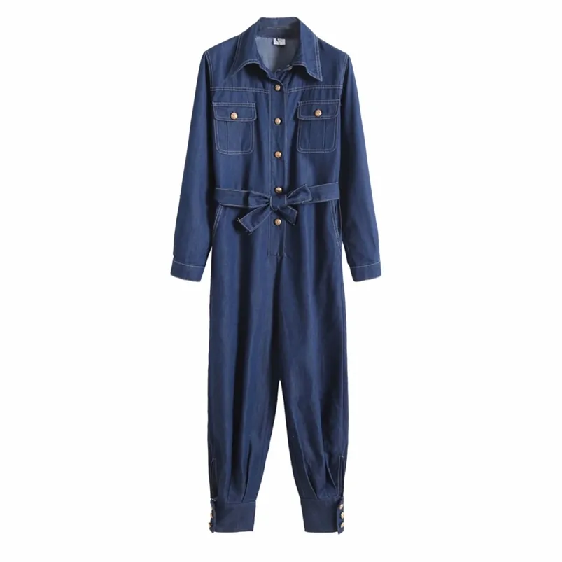 Mulheres Verão Denim Jumpsuit Macacão 100% Algodão Manga Longa Playsuit Sólida Macacão Feminino Sashes Rua Casual 210513