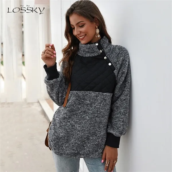 Losssky sweatshirts kvinnor långärmad patchwork färg fahsion höst vinter pullover svart damer plysch varma toppar kläder 2020 x0629