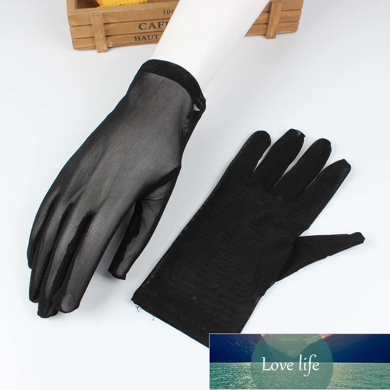 Summer Female Silk Screen Plaid Breathable Stretch Sexy Black Semi-transparent Five-finger Driving sunscreen Gloves