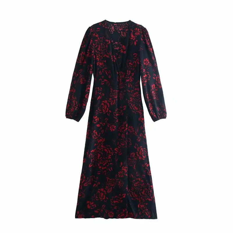 Evfer Chic Ladies Elegant Flower Print High Waist Za Mini Dresses Autumn Women Fashion Long Puff Sleeve Dress 210421