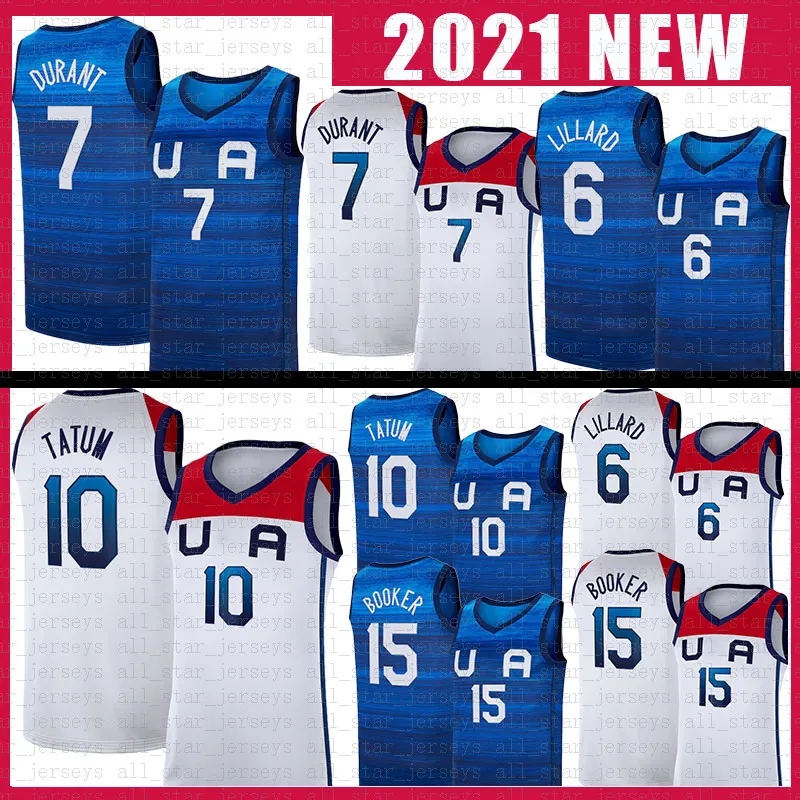 Team America 2021 USA Tokyo Summer أزرق داكن أبيض داميان 6 ليلارد كيفن 7 ديورانت جيسون 10 تاتوم ديفين 15 بوكر تباين اللون