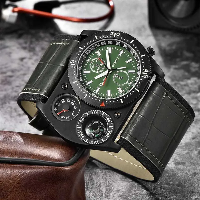 Mäns Sport Klockor Bredband Casual Man Quartz Watch Dekorativ kompasstermometer Män Armbandsur G1022