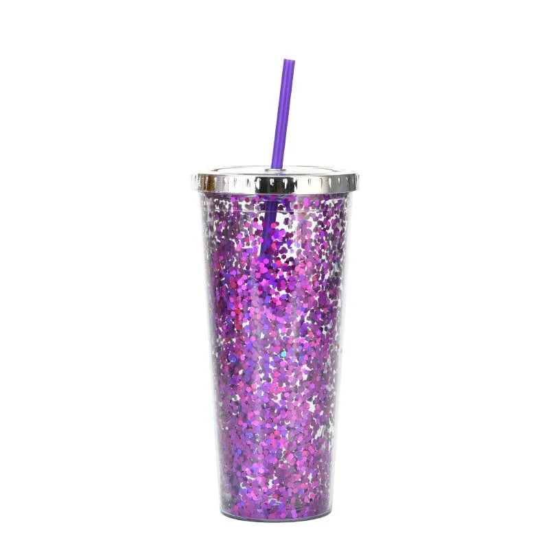 24oz Tumblers Glitter Water Cup Cold Drink Cup Straight Double-layer Plastic Straw Mugs Electroplated Lid