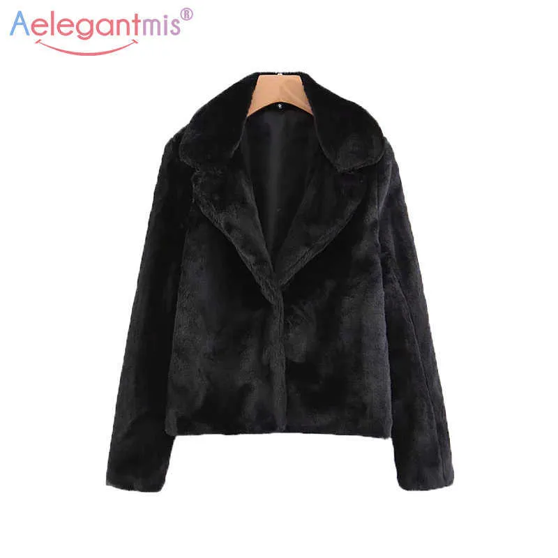 AELEGANTMISファッション女性のFAUXの毛皮のふわふわコート春秋の厚い暖かい毛皮の厚いコート黒の短いジャケットホワイトレディースアウターウェア210607