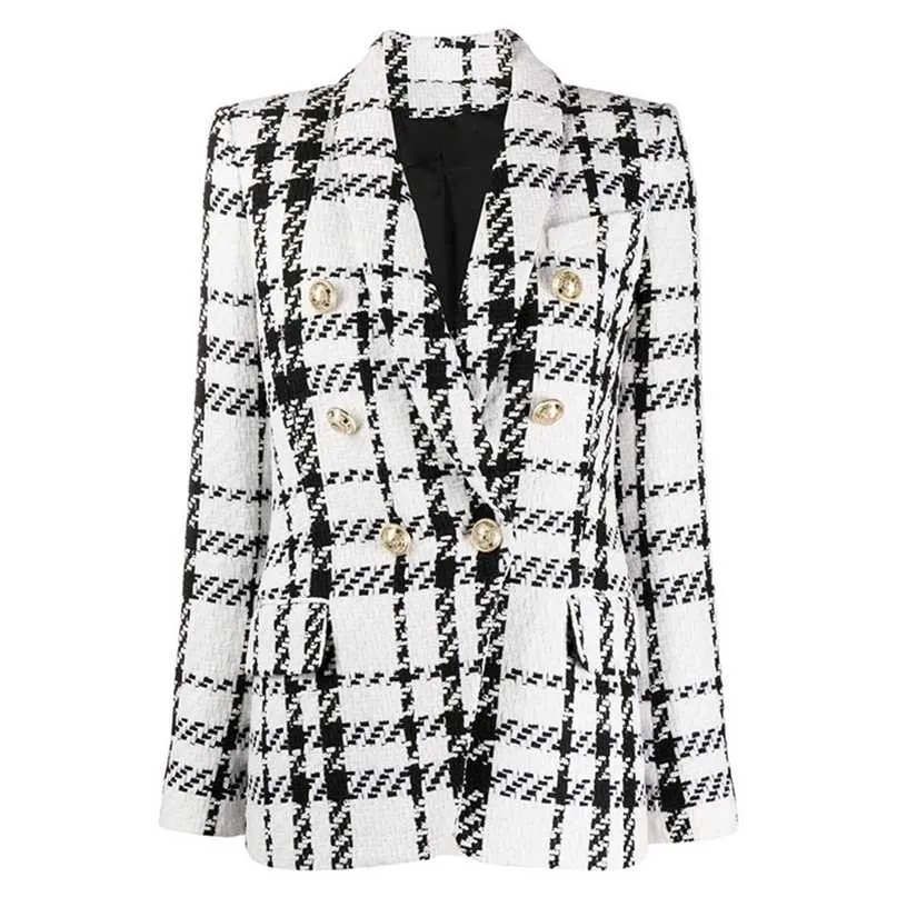 Alta Qualidade Estera Esterista Blazer Mulheres Colares Xailes Dupla Breasted Lion Botões Manta Tweed Jacket 211122