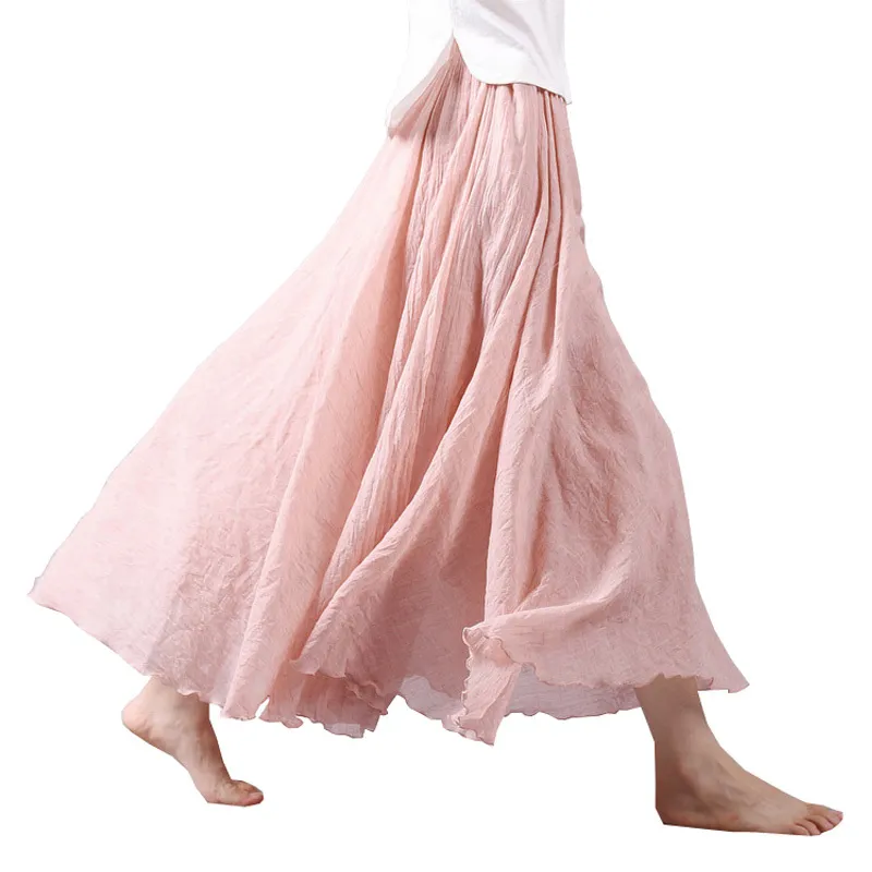 Drop Summer Women Skirt Linen Cotton Vintage Long Skirts Elastic Waist Boho Beige Pink Maxi Skirts Faldas Saia 210426