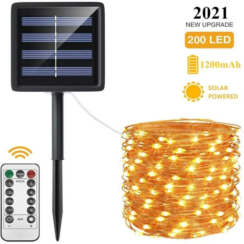 LED Outdoor Solar Lamp String Lights telecomando 100/200 LED Fairy Holiday Festa di Natale Ghirlanda Giardino solare Impermeabile 211109