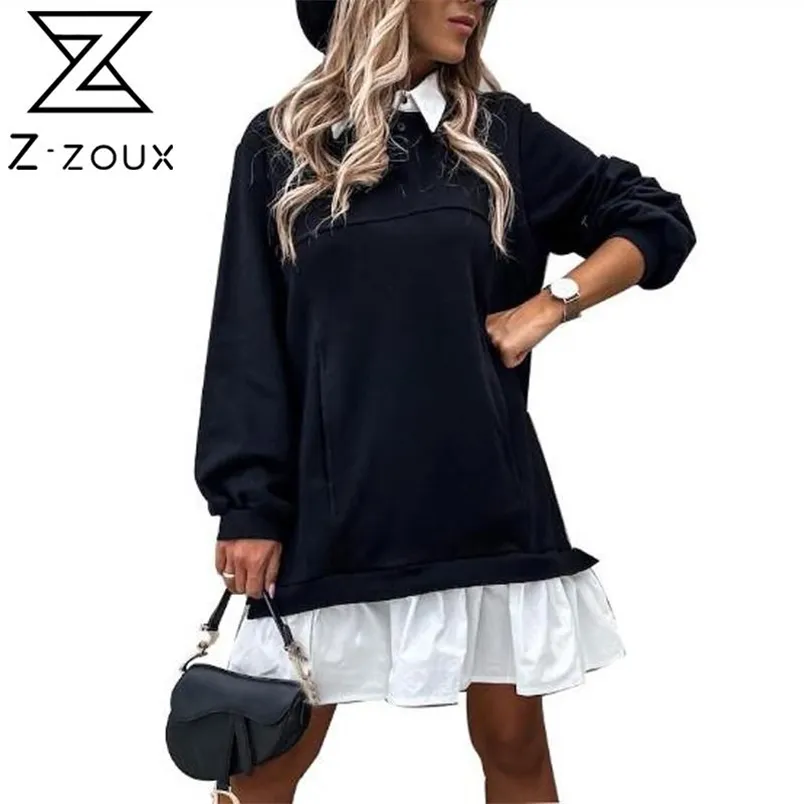 Kvinnor Klänning Färg Matchande Fake Två Sweatshirt Es Långärmad Loose Short Girl Fashion Plus Size ES 210513