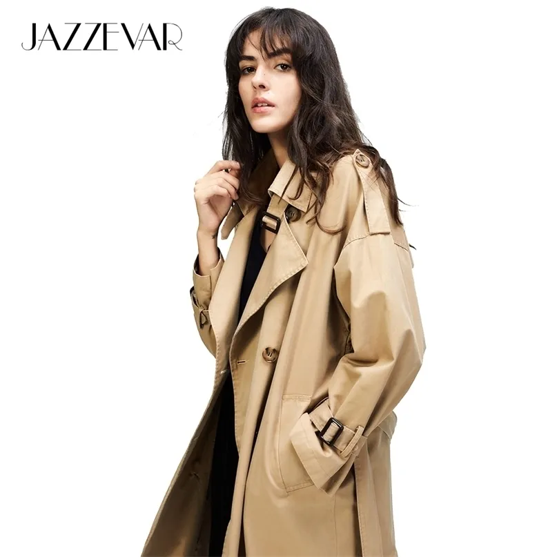 Jazzevar Höst Kvinnors Casual Trench Coat Oversize Double Breasted Vintage Washed Outwear Loose Clothing 210820
