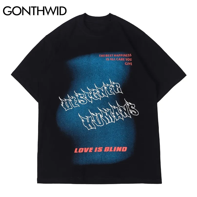 ヒップホップTシャツストリートウェアクリエイティブラブは盲目のTシャツハラジュックファッション半袖ティーカジュアルコットンルーズトップス210602