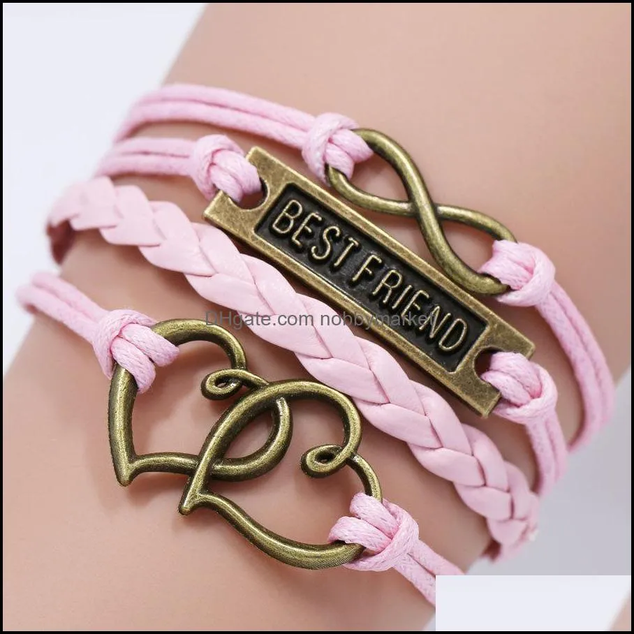 Classic Best Friend Letter charm bracelets For women Men Braided leather rope Double Heart Infinity Wrap bracelet friendship Jewelry