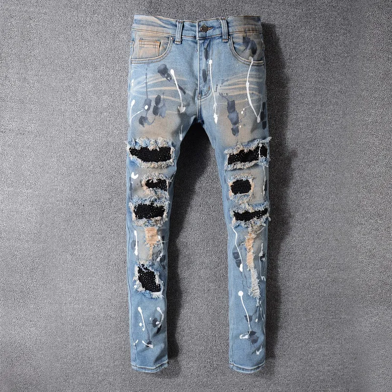 Mens Jeans nödställda rippade cyklist Slim Fit Motorcykelcyklister denim för män mode svarta byxor hip-hop jean