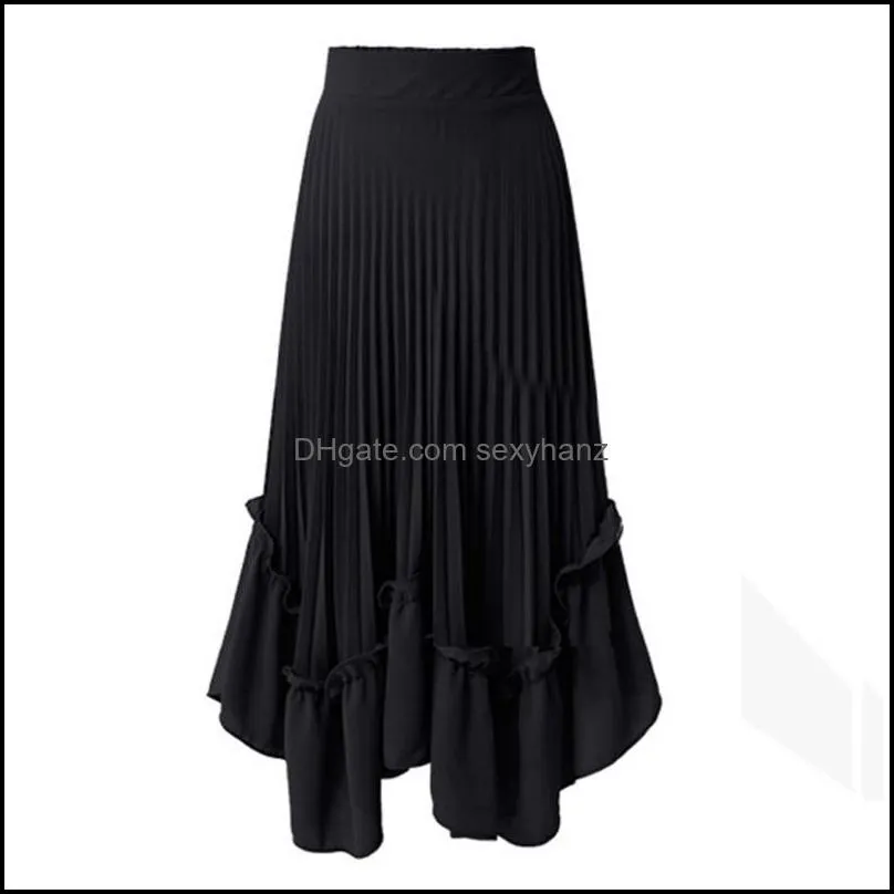 Skirts Autumn Women Long Skirt Green Black Elastic Waist Ruffle Pleated Asymmetrical Plus Size Chiffon 4XL Jupe Longue