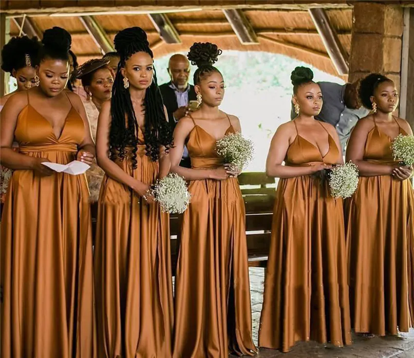 2021ブラウンブライドメイドドレススパゲッティフロアの長さ南アフリカ結婚式ゲストイブニングパーティーガウンMAIF名誉ドレスプラスサイズ安い