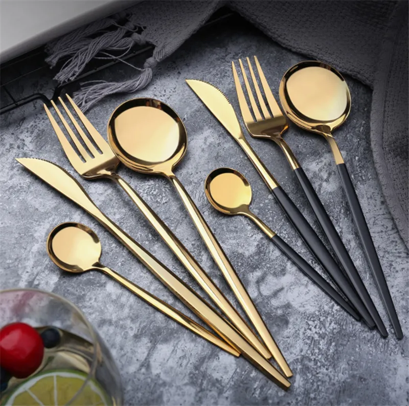 스테인레스 스틸 거울 식기 골드 나이프 식사 숟가락 포크 티 Flatware 간단한 절묘한 서양 식기 칼 세트