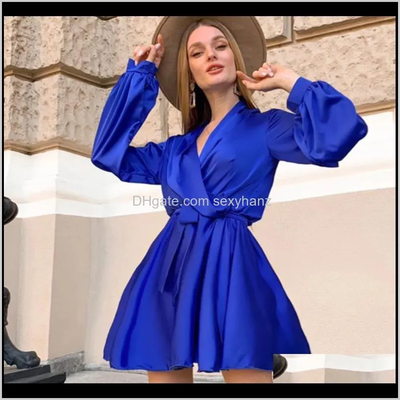 sexy satin sashes a line robe mini dress lantern sleeve low cut elegant party club plus size 2021 women `s clothing vestidos casual