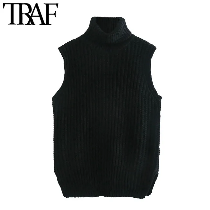 TRAF mujeres moda suelta Cable-knit chaleco suéter Vintage cuello alto sin mangas mujer chaleco Chic Tops 210415