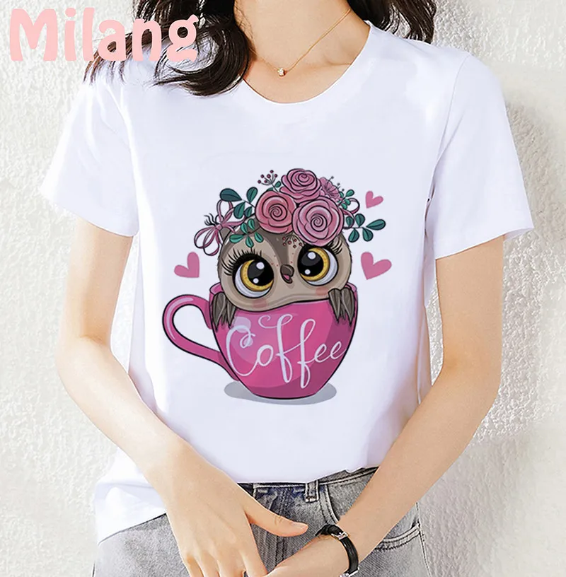 Été femmes T-shirt mode mignon hibou imprimé dames T-shirt Harajuku à manches courtes blanc grande taille haut femme T-shirt