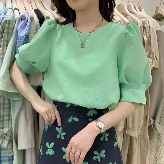 Korean Fashion Puff Sleeve Solid Blouse Women Shirts Summer Simple O-neck Blusas Mujer Short Sleeve Woman Top 210514