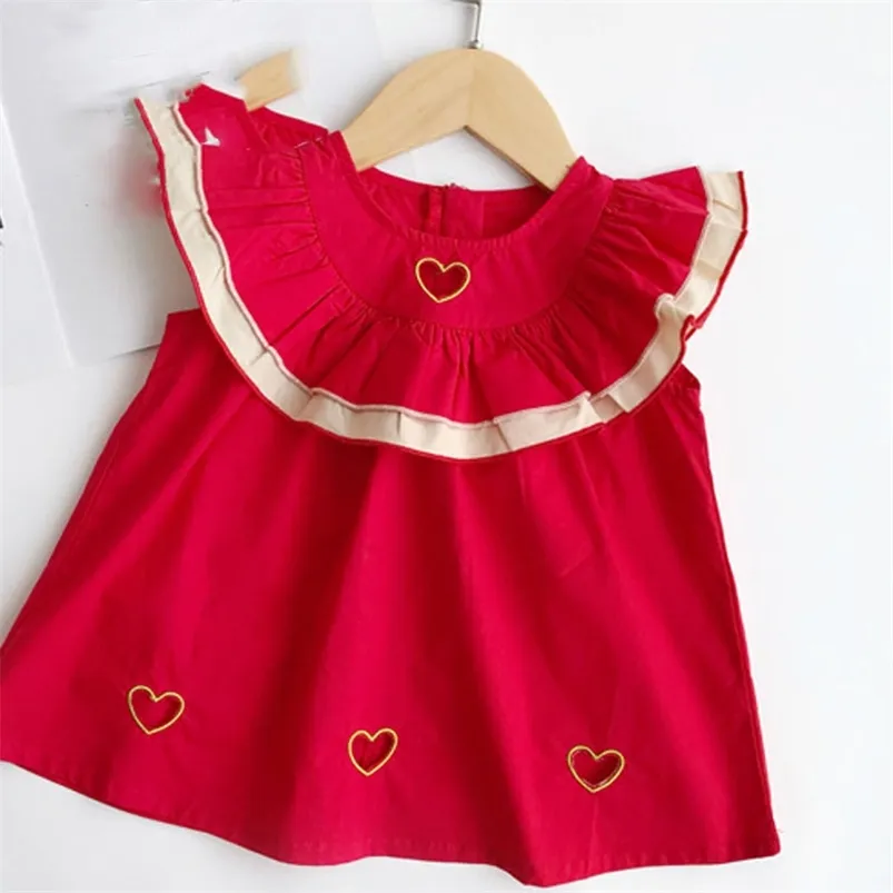Summer Girls Dress Love Heart Hollow Fan-Shaped Sleeveless Red Baby Kids Clothes Children'S Clothing 210625