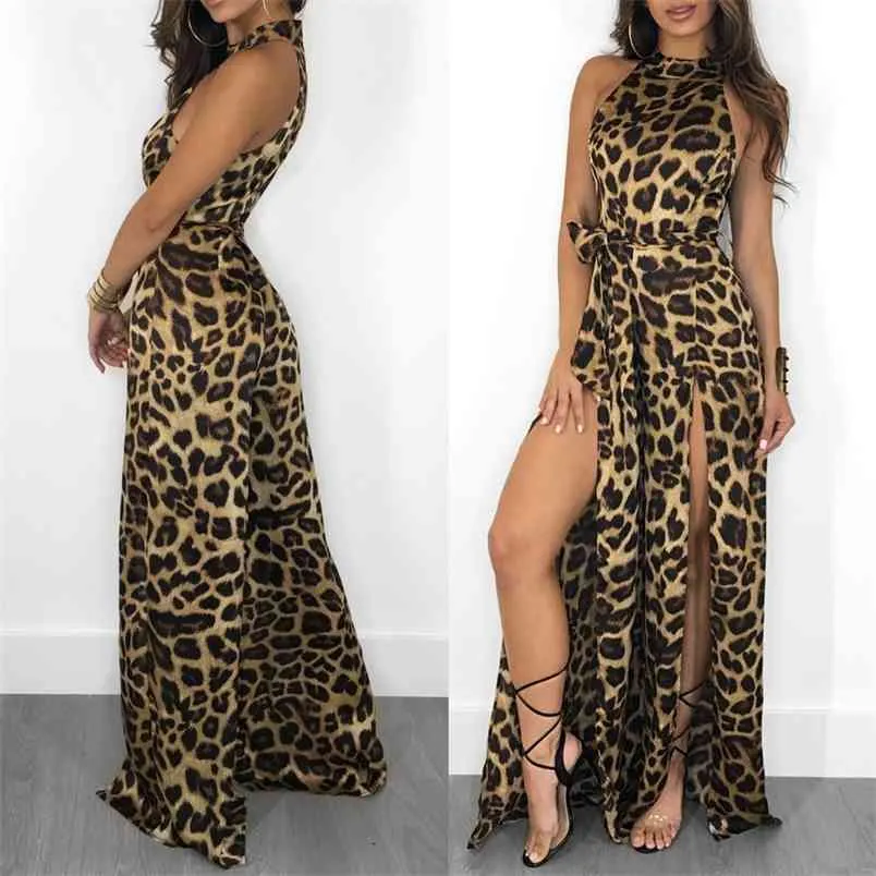 OMSJ Combinaison léopard pour femmes Sexy Halter Skinny Body Suit Sans manches Split Combishort Femme Printemps Lâche Large Jambe Barboteuses 210517