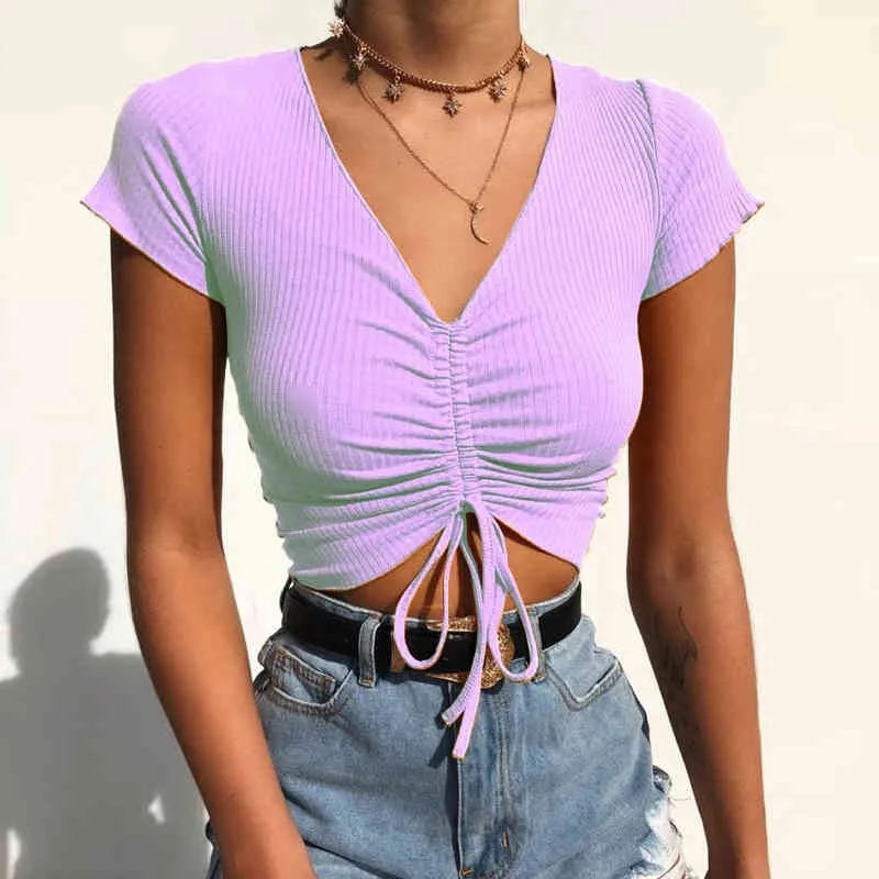 Sexy V Neck Cropped Tank Tops Women Drawstring Tie Up Front Camis Candy Colors Streetwear Slim Fit Ribbed Crop Top 210518