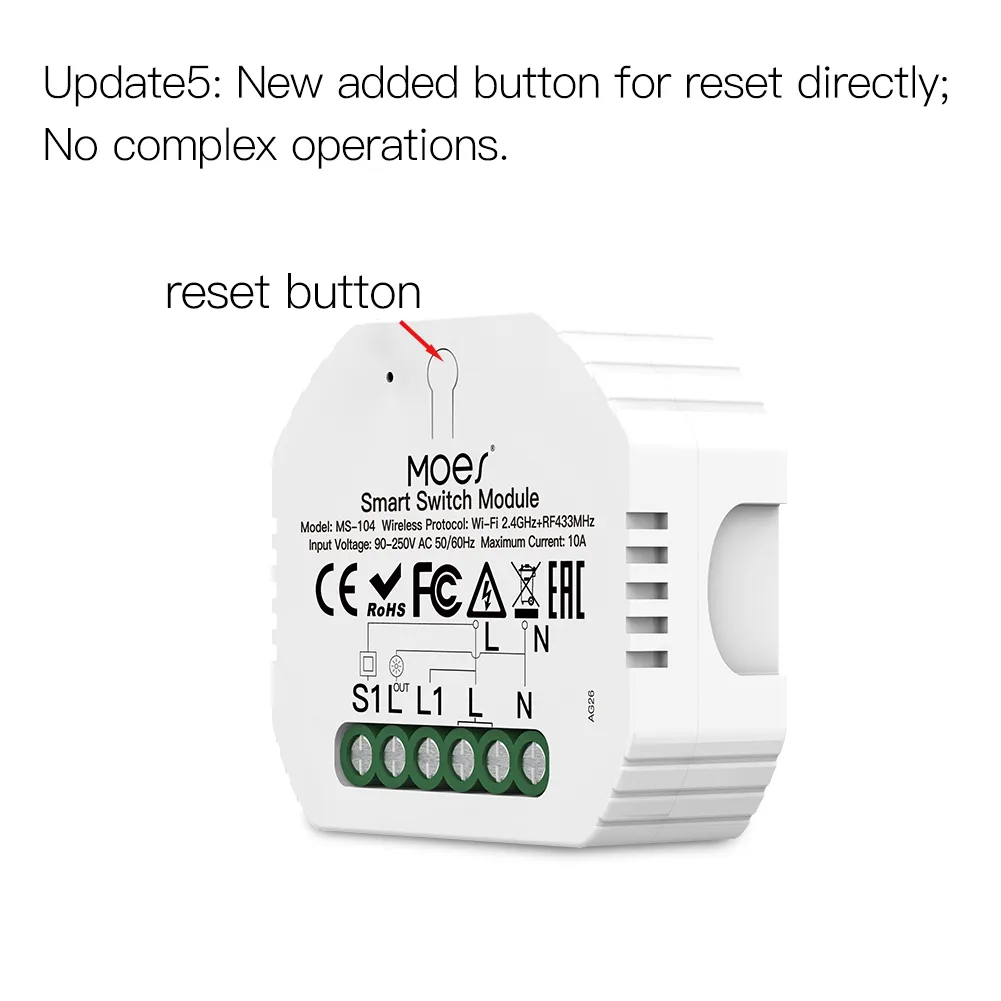 WiFi RF433 Remote Control Smart Light Switch Module For Reset And