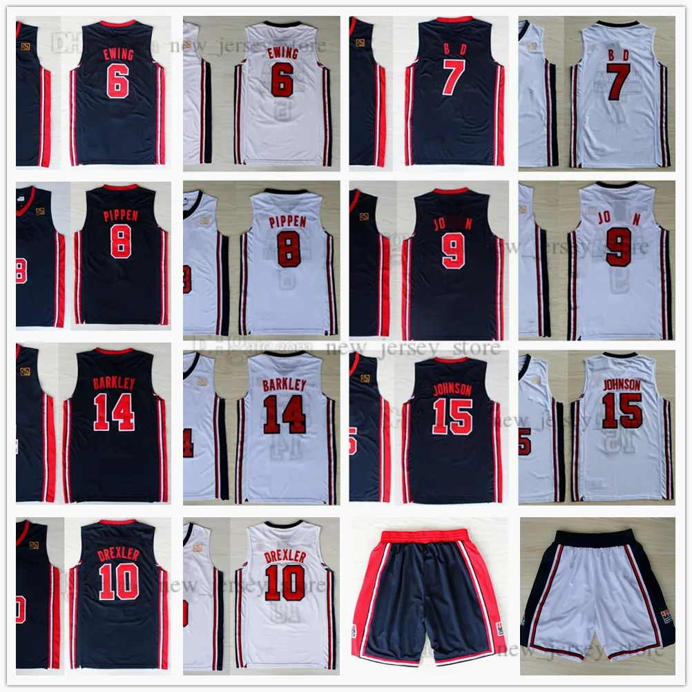 Maillots de basket-ball de l'équipe 1992 6 Patrick 8 Scottie Ewing Pippen 10 Clyde 14 Charles Drexler Barkley 15 Johnson Jersey Cousu Bleu Blanc Short Personnalisé XS-6XL homme jeunesse