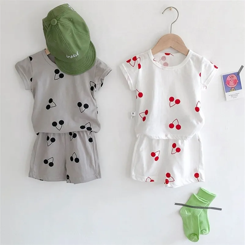 1-3Yrs Baby Girls Clothing Sets Children Cherry Two Piece Summer set Boys' S Casual Cotton Suit Jumpsuits 210521