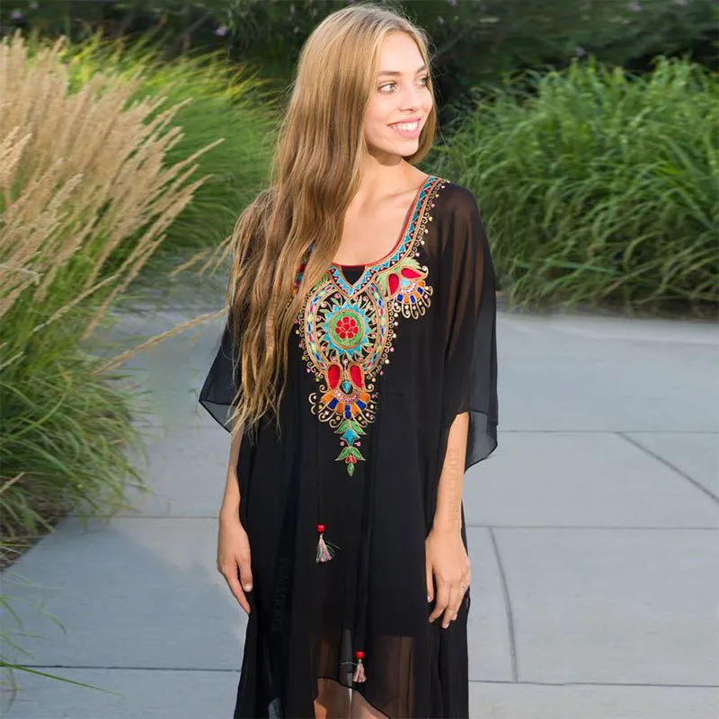 Bohemian Black Geborduurde Zomer Beachwear Chiffon Kaftan Strand Vrouw Tuniek Badjurk Robe Plage Zwemkleding Cover Up Q960 210420