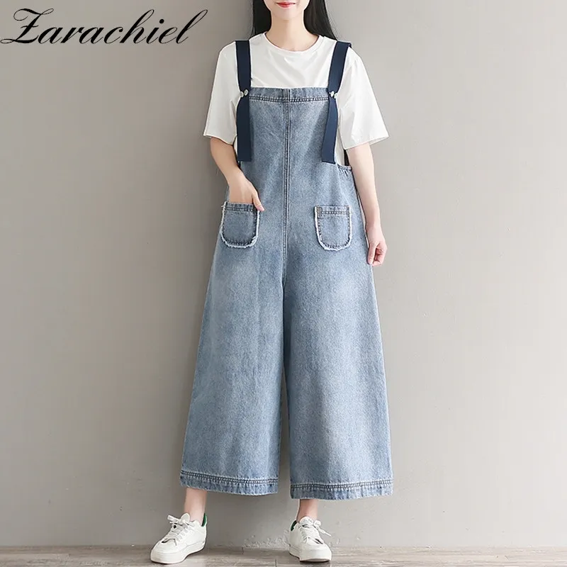 Kvinnor Lossa Jean Overaller Nionde Rompers Denim Boot Cut Jumpsuit Pocket Girl Suspender Wide Leg Pant 210416