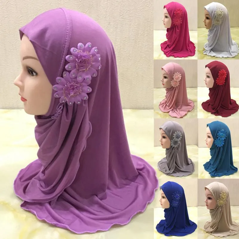 Ethnic Clothing Beautiful Small Girl Hijab Scarf With Flowers Fit 2-7 Years Old Muslim Kids Pull On Islamic Shawl Headscarf Wholesale 50cm