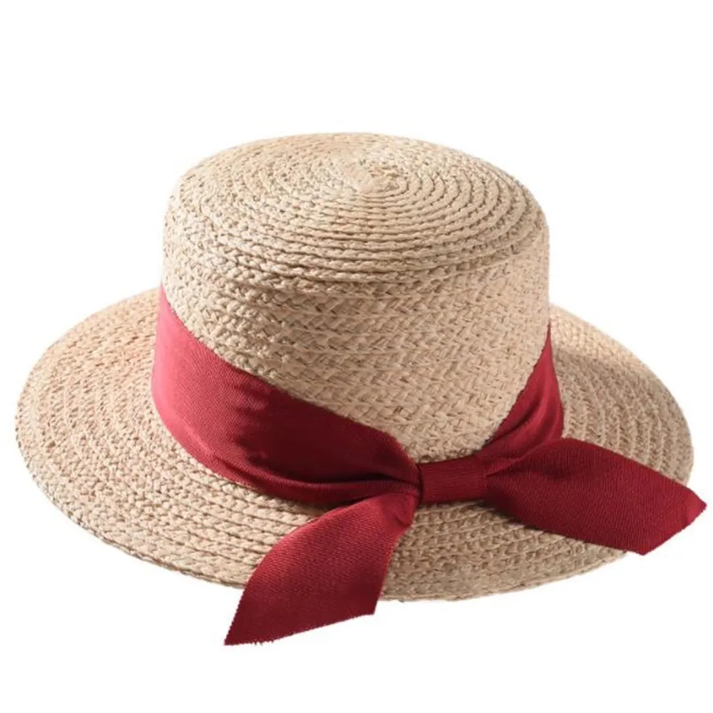 المرأة boater قبعة الشمس المرأة الصيف القش القش القوس قبعة السيدات سومبريرو الصيف قبعة الإناث الأزياء الكورية sunhat