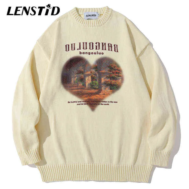 LENSTID Hommes Hip Hop Tricoté Jumper Pulls Coeur Lettre Graphique Imprimer Streetwear Harajuku Automne Oversize Casual Pulls 211109