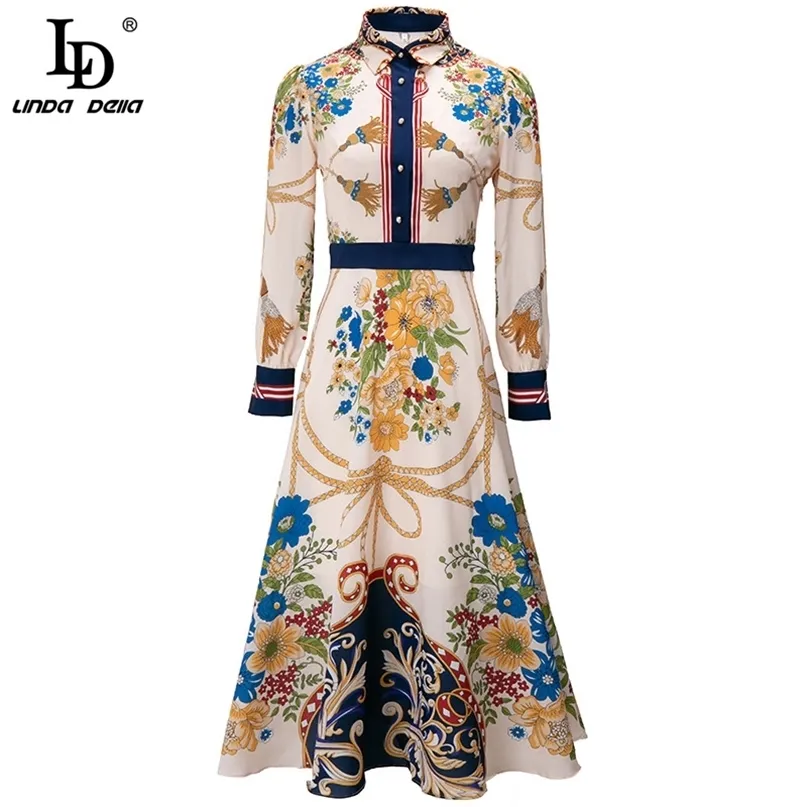 Sommar Fashion Runway Elegant Midi Dress Women's Tenn-down Collar Floral Print Vintage Party Vestidos 210522