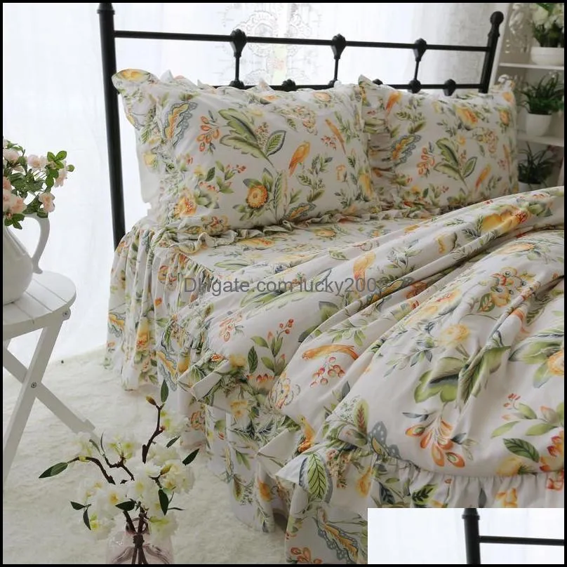  Country Style Floral Duvet Cover Bedskirt Set 100%Cotton Ultra Soft 4Pcs Full Queen King Size Bedding sets for Girls