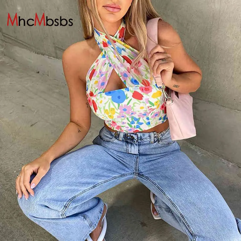 MHCMBSBS Sexy Floral Print Halter Crop Tops Women Casual Off Shoulder Backless Mesh Y2K Beach Sleeveless Tank Top Summer 210517