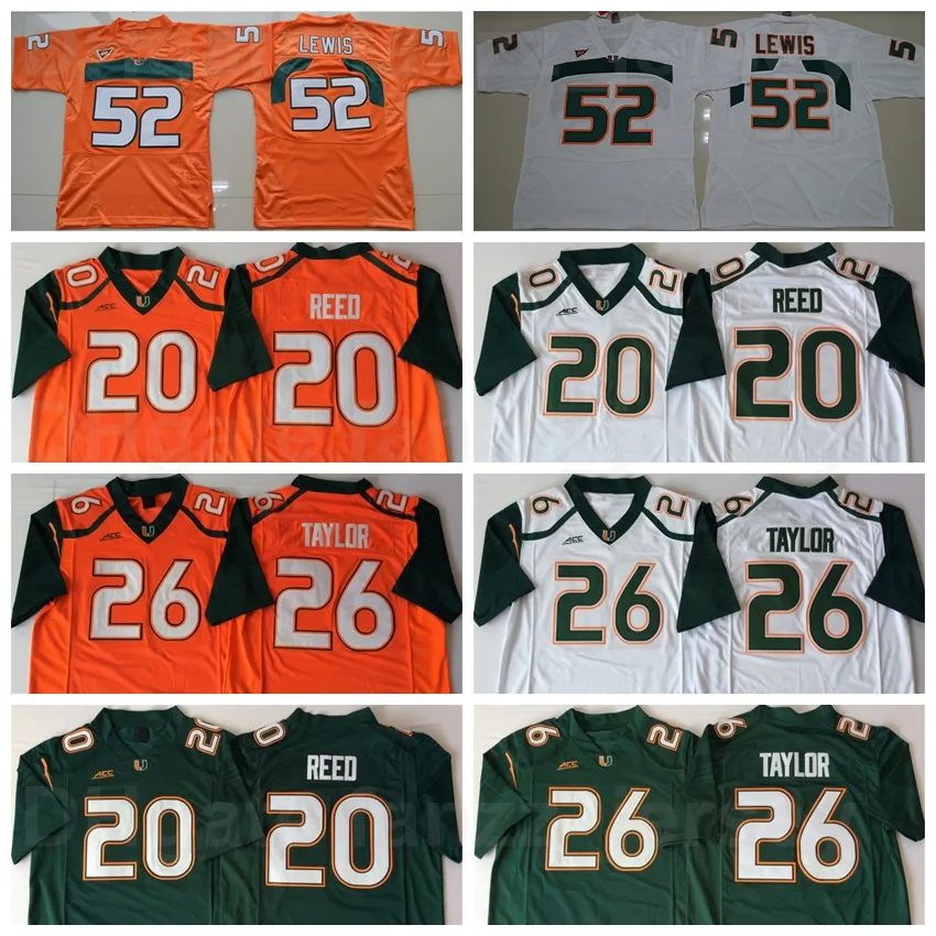 NCAA Football Miami Hurricanes College 20 Ed Reed Jersey 52 Ray Lewis 26 Sean Taylor University Kolor drużyny Pomarańczowy Zielony Biały Haft i szyta Wysoka jakość