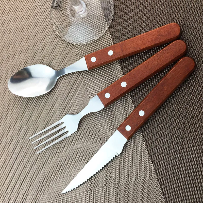 50Set/Lot 3Pcs Wood Cutlery Set Including Fork Spoon Knife Set,Stainless Steel Tableware Dinnerware Set with Wooden Handle