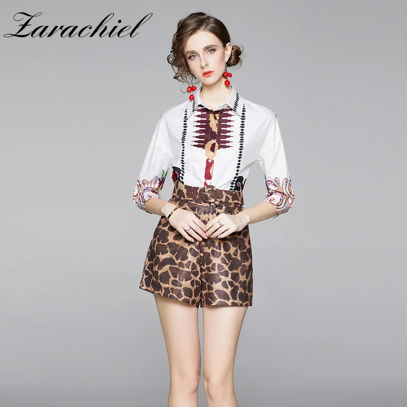 Modedesigner-Laufsteg-Set für Damen, Revers, einreihiges, lockeres Hemdoberteil + Schärpentasche, Leopardenmuster, Shorts-Anzug 210416