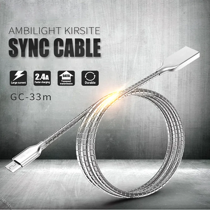1 m roestvrijstalen metalen laadkabels Sterke flexibele synchronisatiegegevens Micro USB-kabel Type-C Snelle oplader voor Android-mobiele telefoons