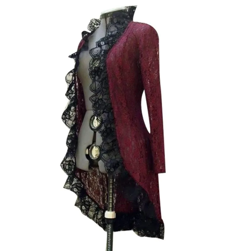 Chaqueta vestido largo vintage mujeres medieval steampunk stand collar de encaje hacia arriba cardigan dama otoño negro rojo vestidos casuales