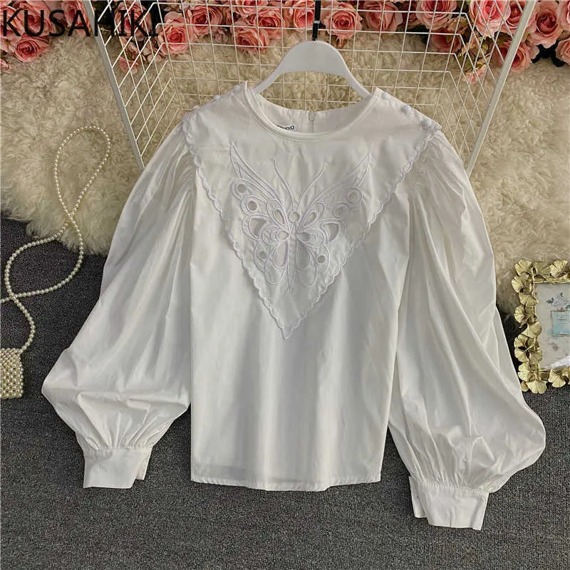 Koreański Motyl Hollow-Out Bluzka Topy Causal Puff Długi Rękaw O-Neck Shirt Spring Pullover Blusas Mujer 6E403 210603