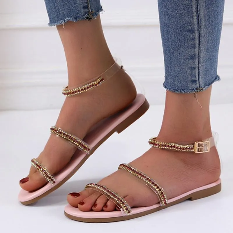 Breathable Sandals Women Flat Ankle Strap Sequins Shoes Women's Buckle Beach Plus Size 37-42#0420